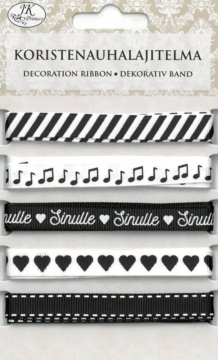 J.K. Primeco Koristenauhalajitelma Mustavalko 5 Erilaista X 1 Metri